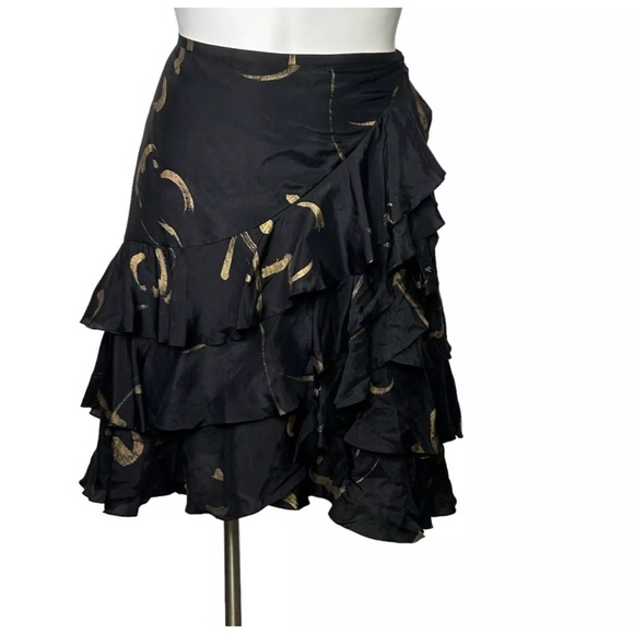 Ralph Lauren Silk Skirt Tiered Ruffle Women's 4 Black and Gold NWT - Picture 3 of 7